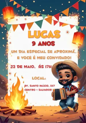 Convite de Aniversário Festa Junina com Menino Caipira Editável
