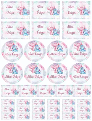 Kit de Etiquetas Escolares Stitch e Angel Editável em Aquarela