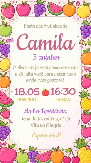 Convite de Aniversário Infantil Frutinhas Colorido Editável