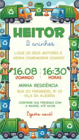 Convite de Aniversário Caminhão de Lixo Infantil Editável