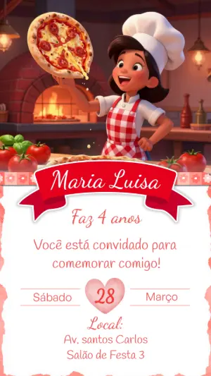 Convite de Aniversário Infantil Festa Pizza Chef para Editar