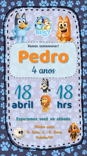 Convite de Aniversário Bluey e Bingo Editável para Enviar