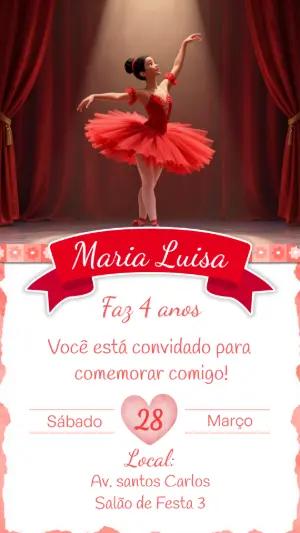 Convite de Aniversário Bailarina Vermelha Editável
