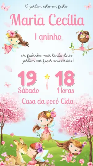 Convite Animado Aniversário Jardim das Fadas para Editar Online