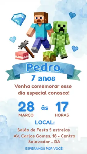 Convite Digital Infantil Tema Minecraft para Editar e Enviar