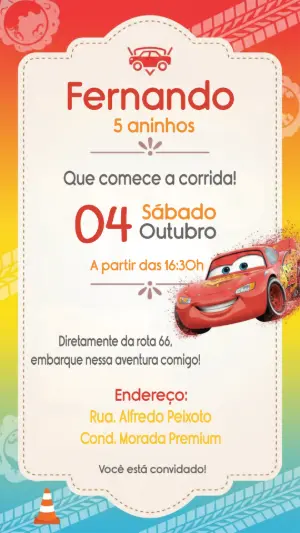 Convite Digital Carros Corrida Relâmpago McQueen Editável