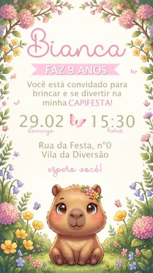 Convite de Aniversário Capivara Floral Fofo para Editar