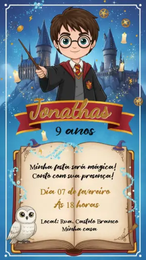 Convite Digital Aniversário Infantil Tema Harry Potter Editável