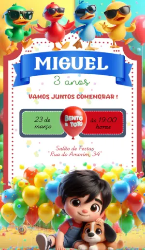 Convite Aniversário Bento e Totó com Personagens para Editar