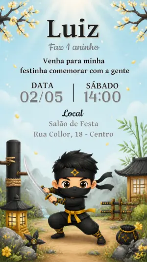Convite de Aniversário Ninja: Modelo Digital para Editar