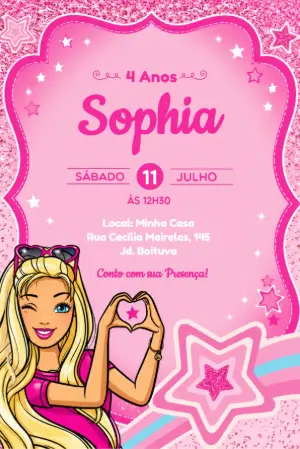 Convite de Aniversário Barbie Rosa com Glitter Editável