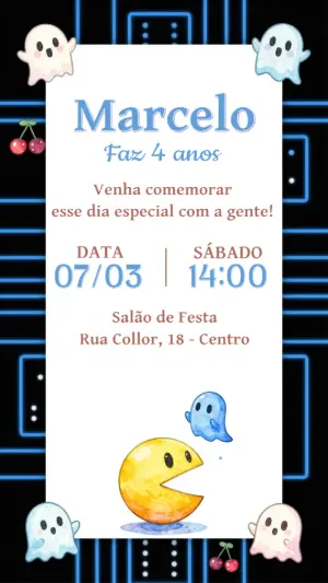 Convite Digital Infantil Tema Pac-Man Aquarela Editável