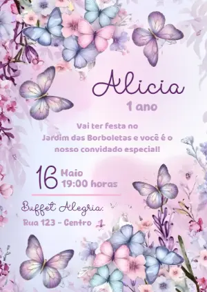 Convite de Aniversário Jardim das Borboletas Lilás Editável
