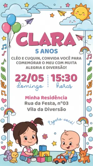 Convite de Aniversário Infantil Cléo e Cuquin Editável