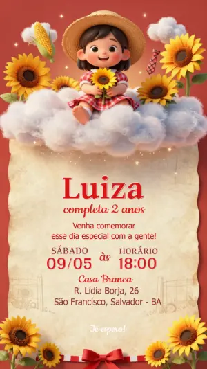 Convite de Aniversário Girassol e Fazendinha Fofo Editável