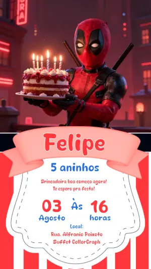 Convite de Aniversário Deadpool Editável para Festa Infantil