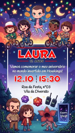 Convite de Aniversário Stranger Things Chibi para Editar