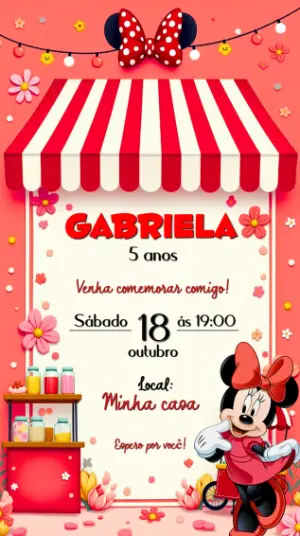 Convite de Aniversário Minnie Confeiteira Vermelho para Editar
