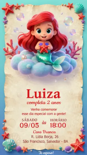 Convite de Aniversário Pequena Sereia Fofo para Editar