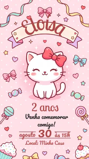 Convite de Aniversário Hello Kitty Kawaii | Modelo Editável