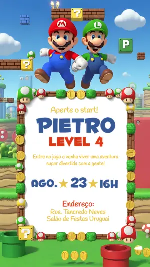 Convite Aniversário Super Mario com Mario e Luigi para Editar