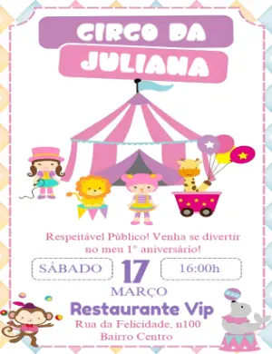 Convite de Aniversário Circo Rosa com Animais para Editar