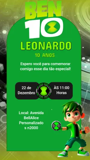 Convite Digital Ben 10 para Aniversário Infantil Editável