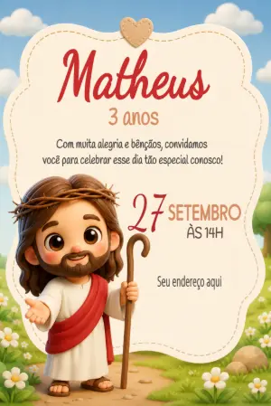 Convite de Aniversário Infantil Jesus Fofo Modelo Editável