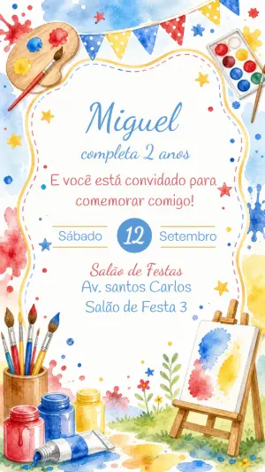Convite Aniversário Pintando o Sete Aquarela Editável