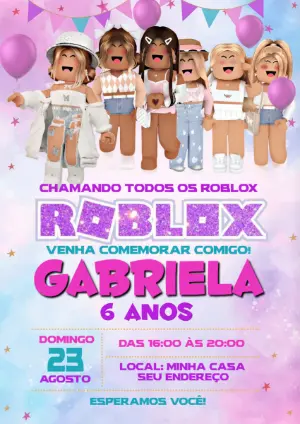 Convite de Aniversário Roblox Menina Rosa para Editar