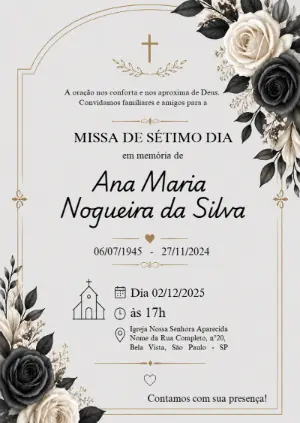 Convite Missa de Sétimo Dia Elegante com Rosas Editável