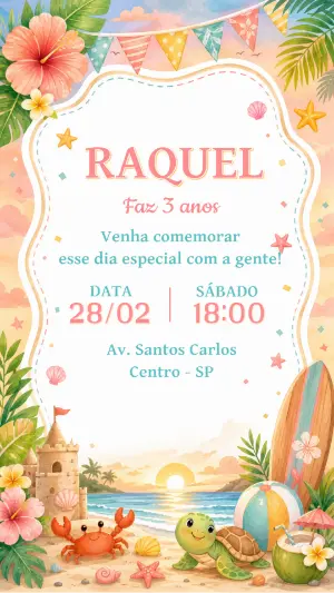 Convite de Aniversário Festa na Praia com Tartaruga Editável