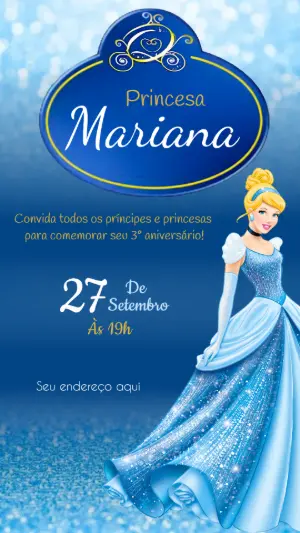 Convite de Aniversário Cinderela para Editar e Enviar Online