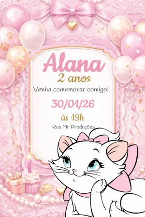Convite de Aniversário Gatinha Marie Rosa Modelo Editável