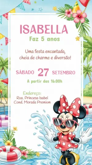 Convite Aniversário Minnie Mouse na Piscina para Editar