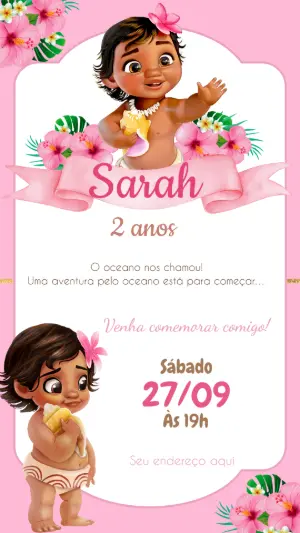 Convite de Aniversário Moana Baby Rosa para Editar Online