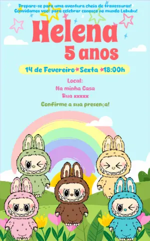 Convite Aniversário Labubu com Personagens para Editar Online