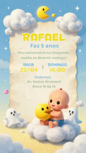 Convite Aniversário Infantil Pac-Man Baby Fofo para Editar