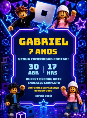 Convite de Aniversário Roblox Neon para Editar