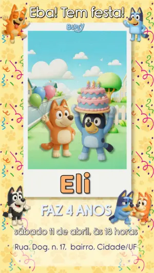 Convite de Aniversário Bluey e Bingo Infantil Editável