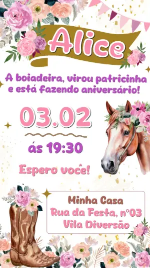 Convite de Aniversário Boiadeira Chic Floral para Editar