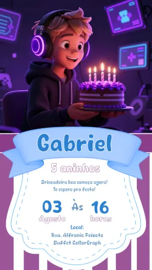 Convite de Aniversário Gamer 3D Roxo para Editar e Enviar