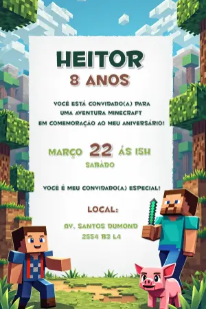 Convite de Aniversário Minecraft com Personagens para Editar