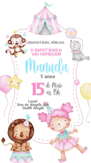 Convite Animado Aniversário Circo Aquarela para Editar Online