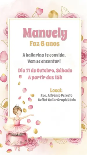 Convite de Aniversário Bailarina Delicado para Editar Online