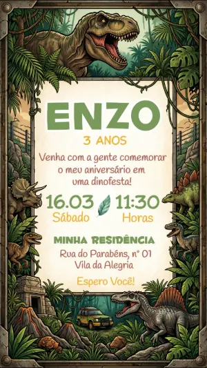 Convite de Aniversário Dinossauros Aventura Editável