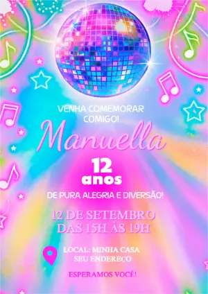 Convite de Aniversário Neon Balada para Editar