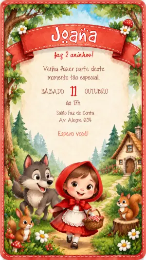 Convite de Aniversário Chapeuzinho Vermelho | Modelo Digital Editável