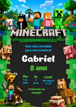 Convite de Aniversário Minecraft Editável para Festa Infantil
