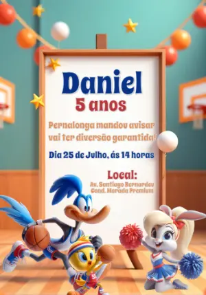 Convite Aniversário Baby Looney Tunes Basquete para Editar Online